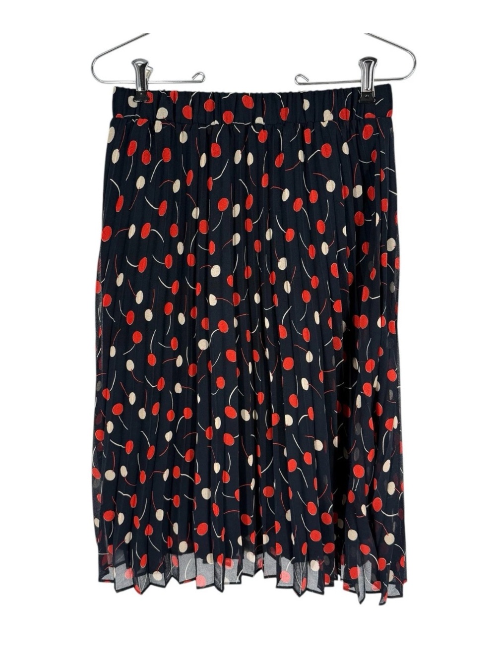 Ann Taylor Pleated Skirt Womens Size XSP Navy Cherry Novelty Print Flowy Lined